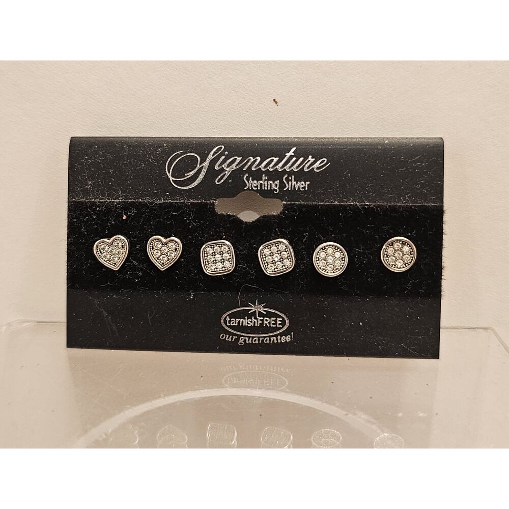 Signature Sterling Silver Tarnish Free Round, Square, Heart Rhinestone Earrings‎